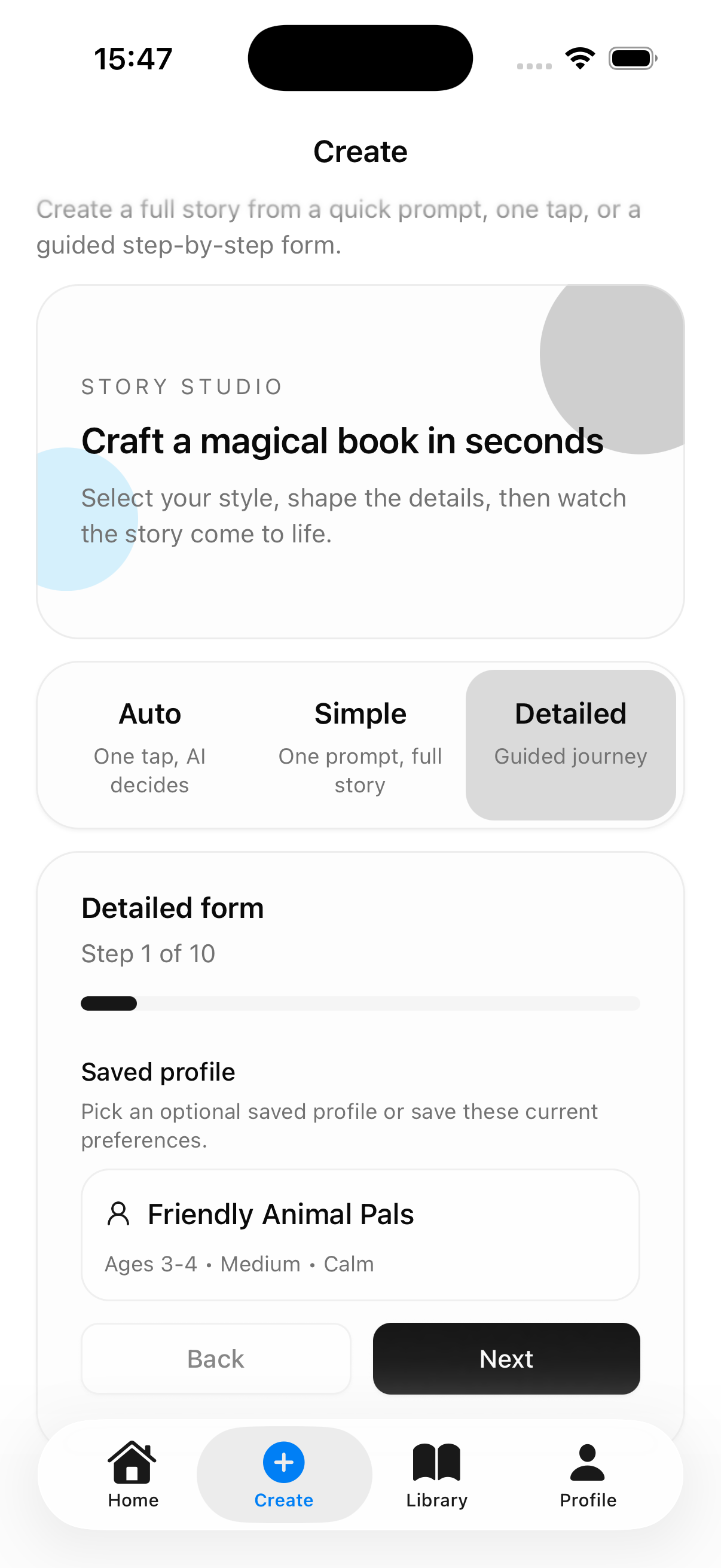 Parent AI Stories feature preview with child profiles and story creation tools